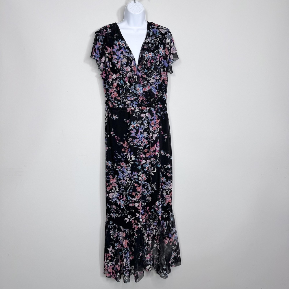 Apt. 9 Dress Womens Large Black Floral Chiffon Wrap Maxi Ruffle Hem Lined